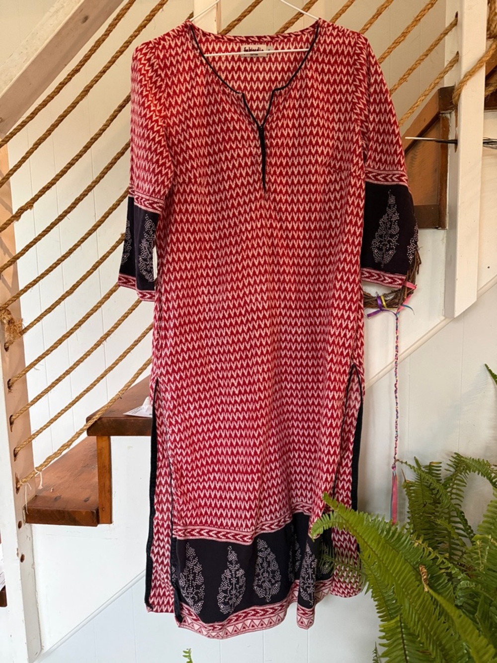 fabindia Red Patterned Midi Dress with Black Border